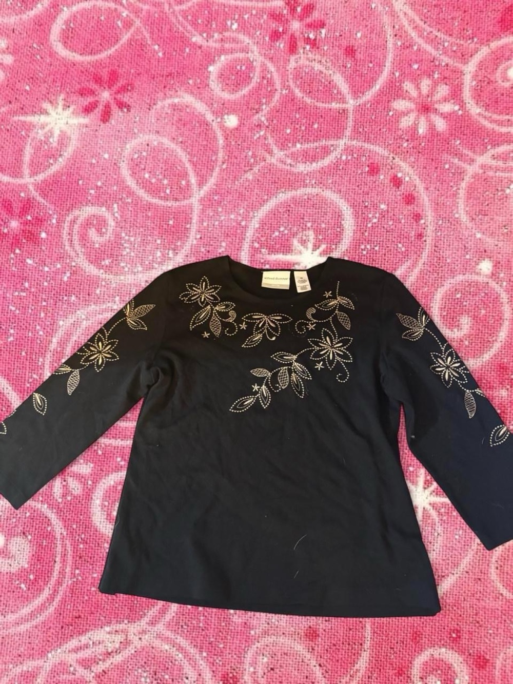 Alfred Dunner Black Long-Sleeve Floral Studded Top